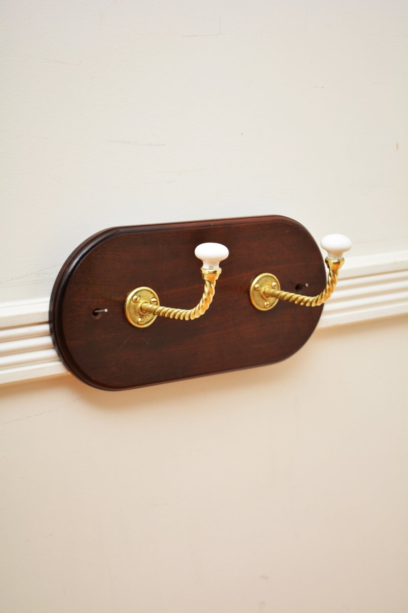 Antique Mahogany And Brass Coat Rack Coat Hooks